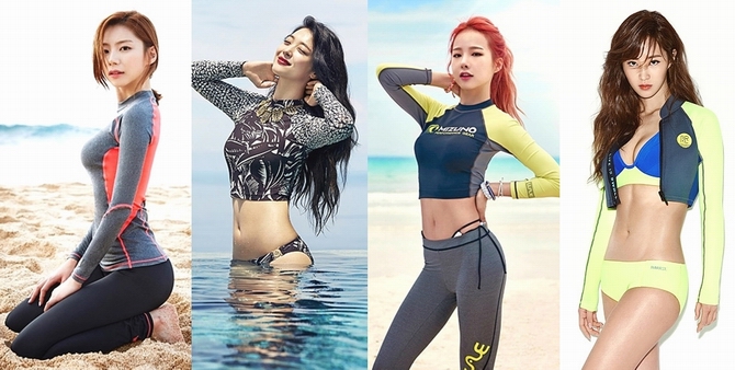 (사진 왼쪽부터) 박수진, 설리, 솔지, 유리 <사진=KAPPA, COSMOPOLITAN, MIZUNO, BARPEL>