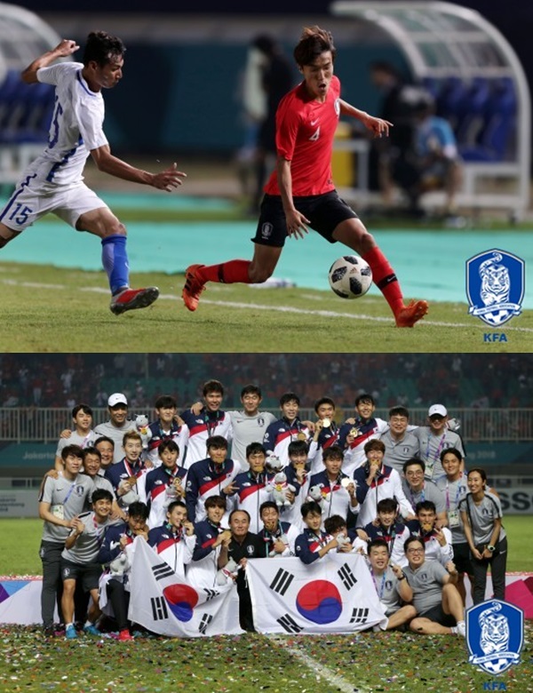 아시안게임서 활약한 김진야(위), 우승 기념 단체 사진(아래) (사진: 대한축구협회 홈페이지)
