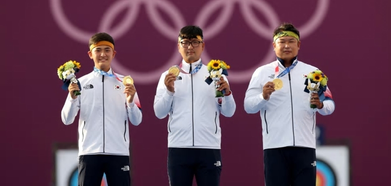 2020 도쿄올림픽 양궁 단체전서 금메달을 획득한 한국 남자양궁 대표팀 (사진 왼쪽부터)김제덕·김우진·오진혁 선수
