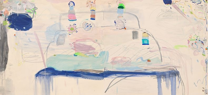 핑-퐁-핑-퐁 Ping-pong-Ping-pong, 91x200cm, oil, oil bar, oil pastel, wax , colour pencil, pencil, ancient drawing materials (graphite cigar, augite porphyry violet light, cobalt blue), 2022 ⓒ멜로디박
