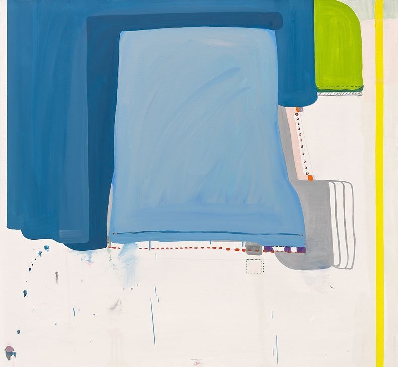 해변가 수영장 Seaside swimming pool, 120x130cm, oil, wax,colour pencil,graphite cigar on canvas, 2022 ⓒ멜로디 박