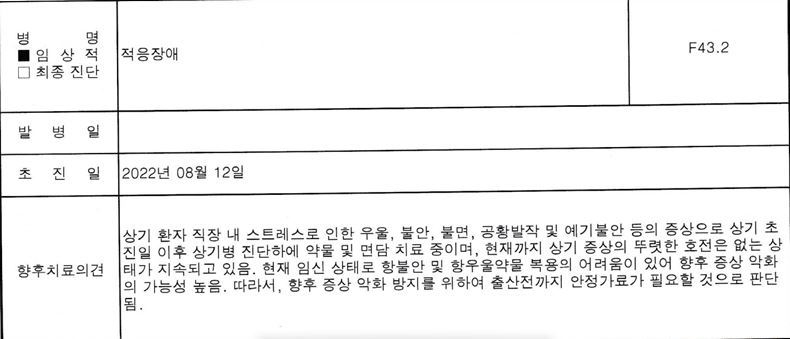 B씨가 받은 정신과 진단서