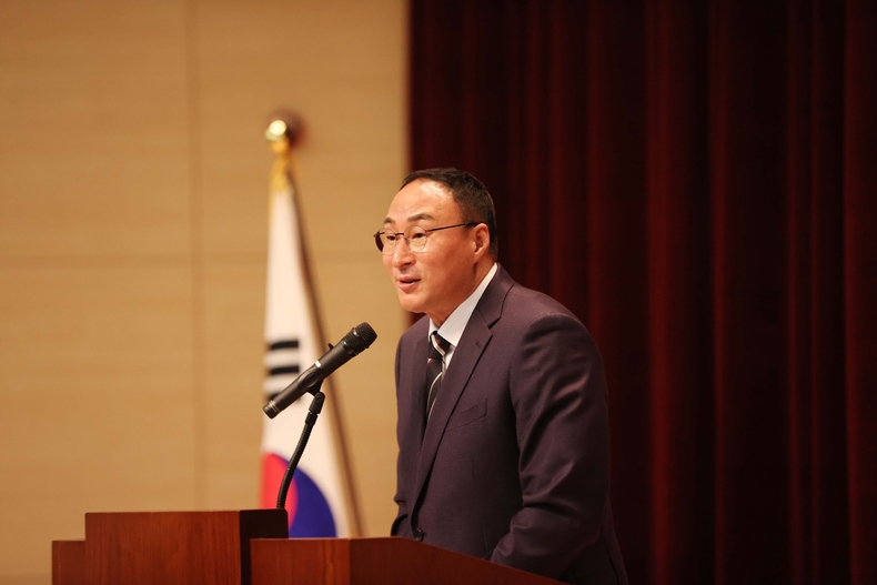 지난 2일, 충북 진천 국가대표선수촌 챔피언하우스 대강당서 인사말하는 장재근 신임 국가대표선수촌장