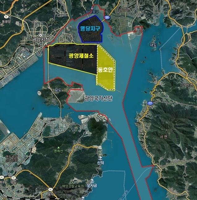 광양국가산업단지에 위치한 동호안(東護岸). 포스코그룹은 동호안을 활용해 이차전지소재 및 수소 등 에너지사업 추진을 검토하고 있다.