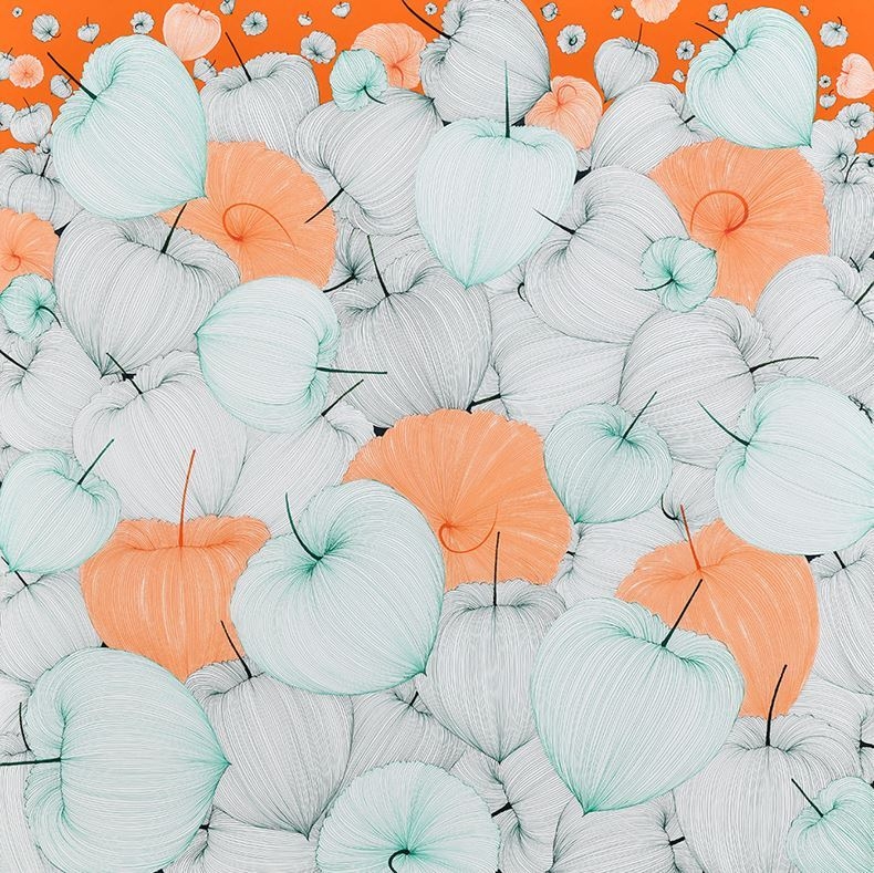 Good Luck in 꽈리23-28, 100×100cm, 장지에 주묵, 피그먼트잉크, 과슈, 2023 ⓒ이애리