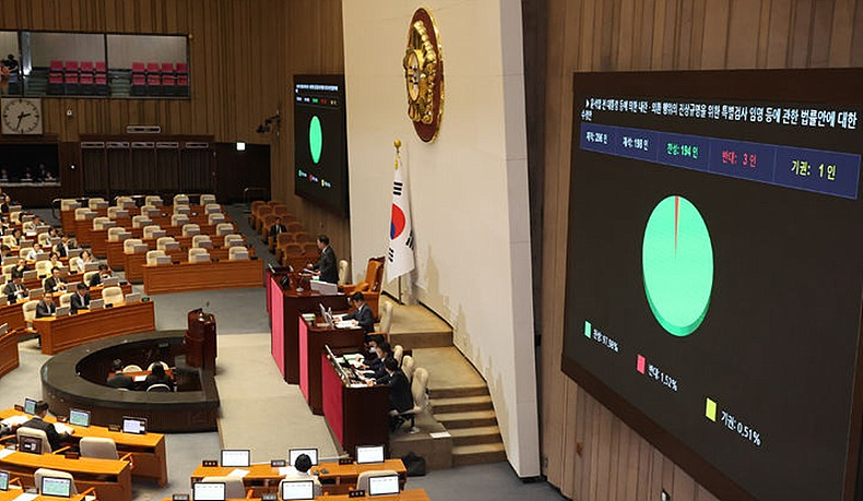 5일 오후 서울 여의도 국회서 열린 제426회 국회(임시회) 제1차 본회의서 윤석열전대통령등에의한내란·외환행위의진상규명을위한특별검사임명등에관한법률안이 통과되고 있다. ⓒ뉴시스