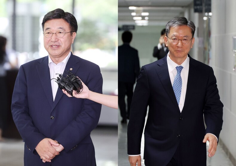 윤호중 행정안전부 장관 후보자(사진 왼쪽)가 30일, 서울 종로구 광화문 플래티넘 빌딩에 마련된 인사청문회 준비 사무실로 출근하며 취재진의 질문에 답변하고 있다. 정성호 법무부 장관 후보자도 이날, 서울 여의도 국회로 출근하고 있다. ⓒ뉴시스