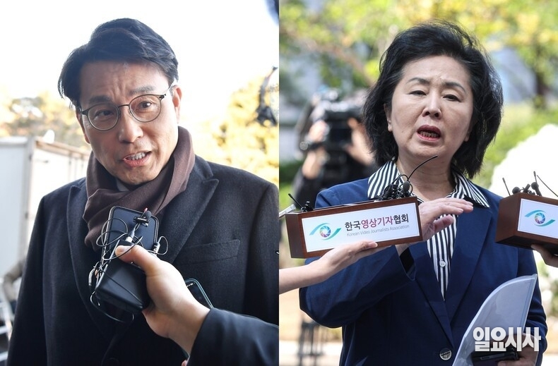 (사진 왼쪽) 윤상현 국민의힘 의원이 지난 2월13일, 탄핵 심판 8차 변론기일이 열리는 서울 종로구 헌법재판소로 들어오고 있다. 김영선 전 국민의힘 의원이 지난 5월29일, 서울 서초구 서울고등검찰청에 출석하면서 윤석열 전 대통령 부부의 공천 개입 의혹 관련 입장을 밝히고 있다. ⓒ사진공동취재단·문경덕 기자