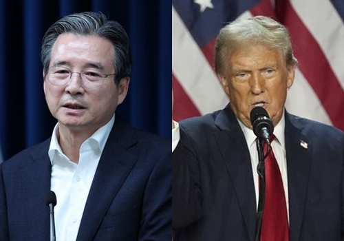 (사진 왼쪽부터) 김용범 대통령실 정책실장과 도널드 트럼프 미국 대통령 ⓒ뉴시스