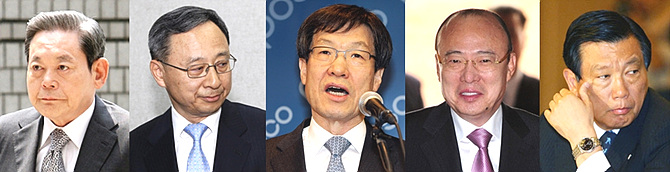 이건희 삼성전자 회장, 황창규 KT 회장, 권오준 포스코 회장, 김승연 한화 회장, 박삼구 금호아시아나그룹 회장 (사진 왼쪽부터)