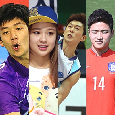 배드민턴 이용대, 체조 손연재, 배구 한선수, 축구 김영욱 선수 (사진 왼쪽부터)