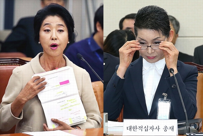 '난방비 논란'과 관련해 참고인 자격으로 국회 국정감사에 출석한 배우 김부선씨(사진 왼쪽)와 '도피성 출국'으로 논란을 빚었던 김성주 대한적십자사 총재 <사진=일요시사 DB>