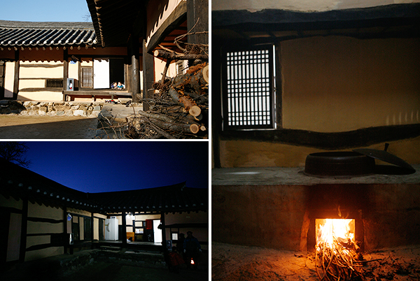 우구정 가옥 아침풍경 / 부엌과 아궁이 / 가옥 야경(왼쪽상단부터 시계방향)