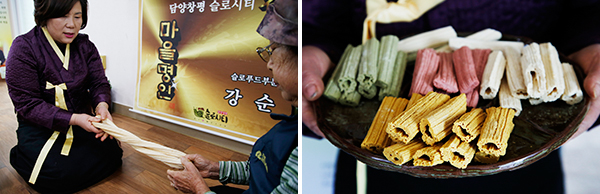 엿가락을 늘리는 강순임 명인 / 강순임 명인이 전통방식으로 만든 오방엿