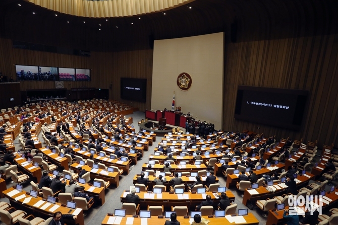 16일, 서울 여의도 국회 본회의장에서 이완구 국무총리 임명동의안의 건이 본회의에 상정되고 있다.