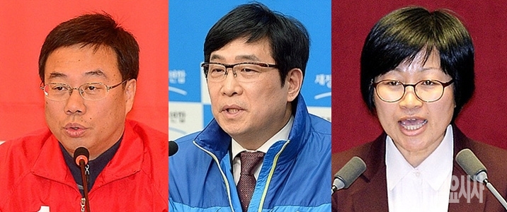 경기 성남중원지역에 나선 후보들. 왼쪽부터 신상진 전 새누리당 의원, 새정치민주연합 정환석 지역위원장, 김미희 전 통합진보당 의원