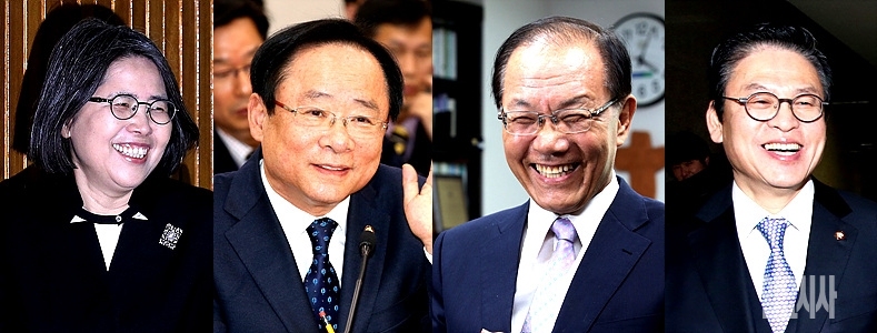 사진 왼쪽부터 김영란 전 국민권익위원장, 새누리당 이주영 의원, 황우여 교육부장관, 새누리당 정우택 의원