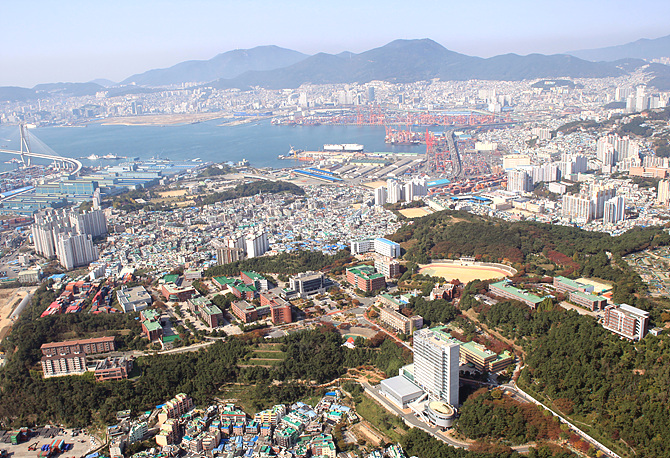 부산시 주관 대학 산학연 연구단지 조성사업에 선정된 부경대 용당캠퍼스 일대 전경. 숲으로 둘러싸인 용당캠퍼스 너머로 부산 북항이 펼쳐져 있다.