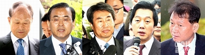 (왼쪽부터) 이상득 전 새누리당 의원, 박영준 전 지식경제부 차관, 신재민 전 문화체육관광부 차관, 정봉주 전 새정치민주연합 의원, 이광재 전 강원도지사