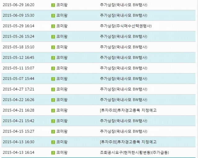 지난 4월 이후 코미팜의 추가 상장 내역 <사진=코스닥>