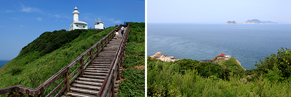옹도등대 서쪽 산책로 계단 / 옹도등대 정상부에서 바라본 동백꽃쉼터와 단도, 가의도