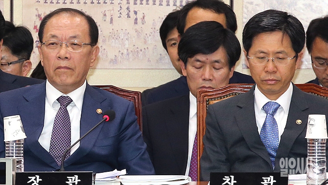 국회 교육문화체육관광위원회 출석한 황우여 사회부총리 겸 교육부장관(사진 왼쪽)