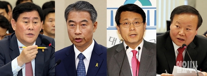 (왼쪽부터) 최경환 경제부총리 겸 기획재정부장관, 정종섭 전 행정자치부장관, 새누리당 윤상현·김재원 의원