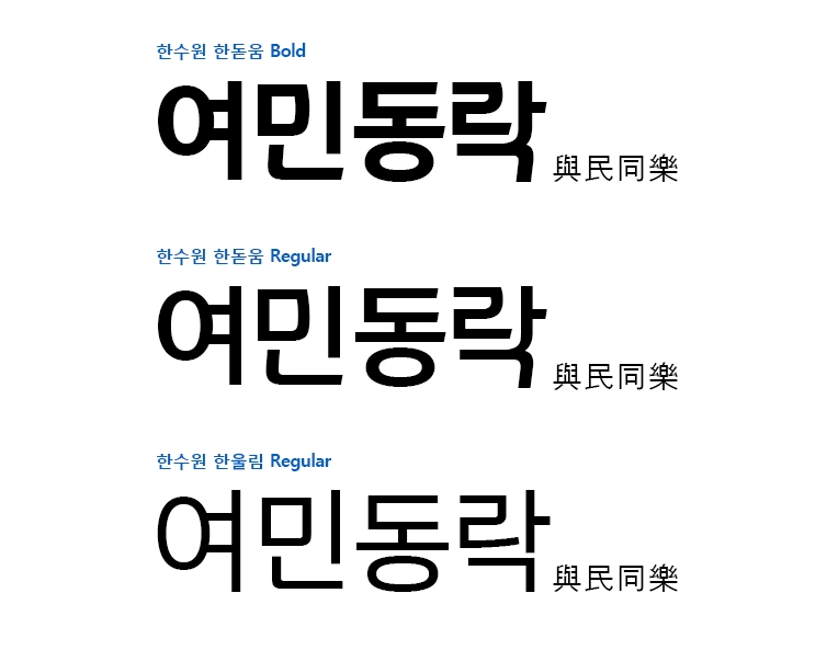 (윗쪽부터) 한수원 한돋움 볼드체, 한수원 한돋움 레귤러체, 한수원 한울림 레귤러체