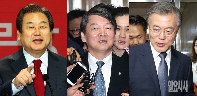 (사진 왼쪽부터) 새누리당 김무성 대표, 국민의당(가칭) 안철수 의원, 더불어민주당 문재인 대표