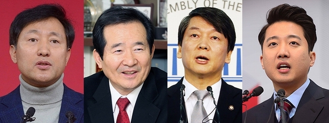 (사진 왼쪽부터) 오세훈 전 서울시장, 정세균 더불어민주당 의원(서울 종로), 안철수 국민의당 의원, 이준석 새누리당 전 비대위원(서울 노원병)