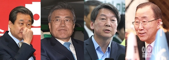(왼쪽부터) 새누리당 김무성 전 대표, 더불어민주당 문재인 전 대표, 국민의당 안철수 공동대표, 반기문 유엔 사무총장