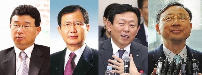 (사진 왼쪽부터) 구본걸 LF 회장, 박찬구 금호석유화학 회장, 신동빈 롯데그룹 회장, 황창규 KT 회장