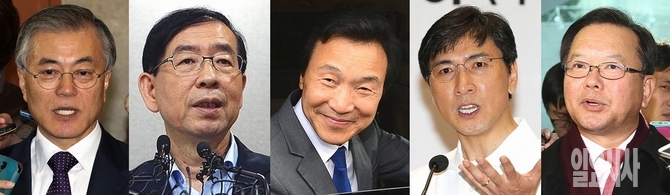 (사진 왼쪽부터) 문재인 더민주 전 대표, 박원순 서울시장, 손학규 전 더민주 상임고문, 안희정 충남도지사, 김부겸 당선인