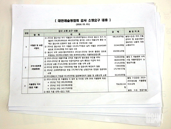 레슬링협회 내부 관계자가 작성한 32억원에 대한 감사소명 요구서