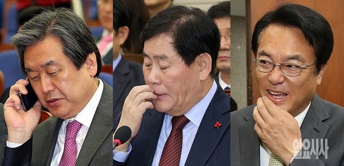 (사진 왼쪽부터) 새누리당 김무성 전 대표, 최경환 전 원내대표, 정진석 원내대표