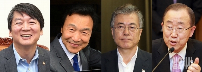 (사진 왼쪽부터)안철수 전 국민의당 상임공동대표, 손학규 전 더불어민주당 상임고문, 문재인 전 더불어민주당 대표, 반기문 유엔사무총장