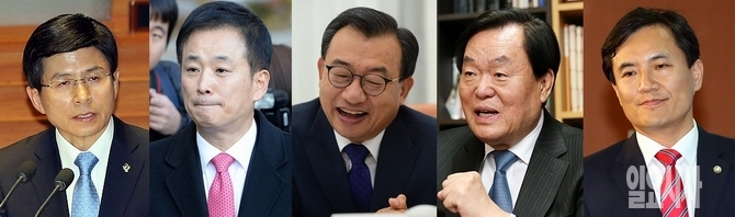 (사진 왼쪽부터) 황교안 국무총리, 유영하 변호사, 이정현 새누리당 대표, 김경재 한국자유총연맹 회장, 김진태 새누리당 의원