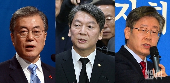 (사진 왼쪽부터) 문재인 전 더불어민주당 대표, 안철수 전 국민의당 상임공동대표, 이재명 성남시장