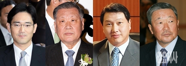(사진 왼쪽부터) 이재용 삼성전자 부회장, 정몽구 현대차그룹 회장, 최태원 SK그룹 회장, 구본무 LG그룹 회장
