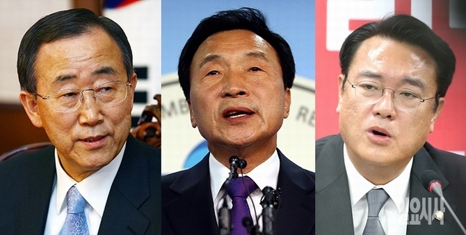 (사진 왼쪽부터) 반기문 유엔사무총장, 손학규 전 더불어민주당 상임고문, 정진석 새누리당 원내대표 <사진=사진공동취재단>