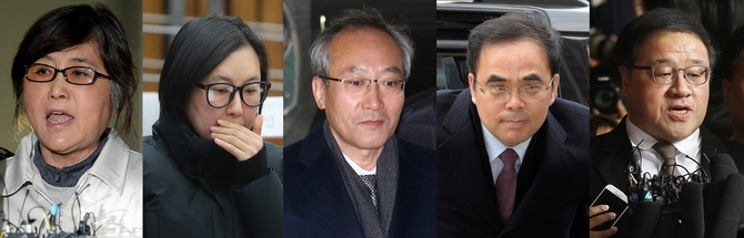 (사진 왼쪽부터)최순실씨, 장시호씨, 서창석 서울대병원장, 김종 전 문체부 차관, 안종범 전 청와대 정책조성수석