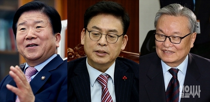 (사진 왼쪽부터)박병석 더불어민주당 의원, 정우택 자유한국당 원내대표, 인명진 전 자유한국당 비대위원장