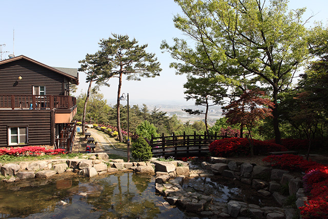 산림휴양관과 연못이 어우러진 용봉산자연휴양림 풍경