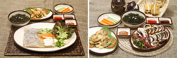 산오징어회(왼쪽), 산오징어통찜(오른쪽)