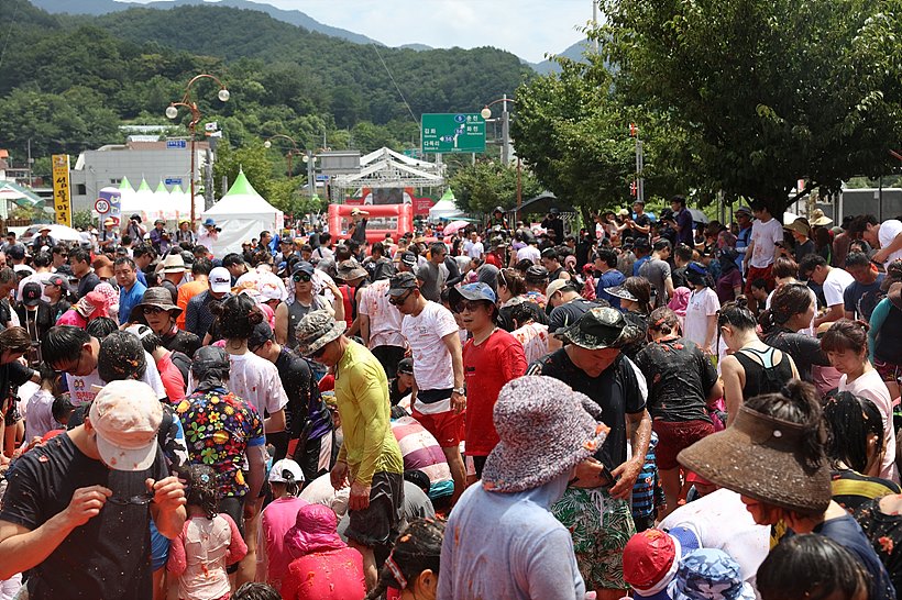 관광객들이 화천토마토축제를 즐기고 있다.