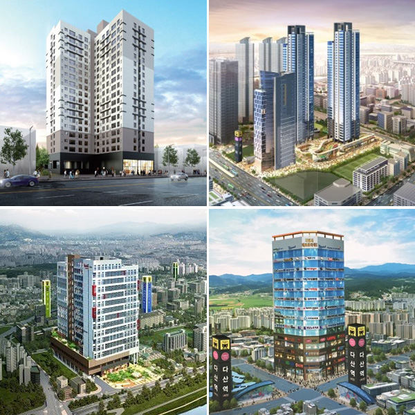 의정부 노블리안시티스타, 강동 메트로몰·타워, 가산 G밸리 하우스디 어반, 다산역 지앤지 메트로타워 1차 (상단 왼쪽부터 시계방향)