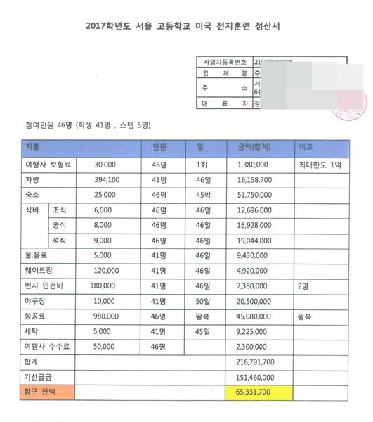 2017년도 서울고 미국 전지훈련 정산서