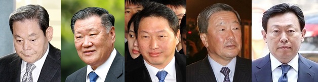 (사진 왼쪽부터)이건희 삼성 회장, 정몽구 현대차 회장, 최태원 SK 회장, 구본무 LG 회장, 신동빈 롯데 회장
