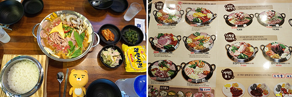 인원수대로 주문시 라면사리와 공기밥이 무한리필로 제공된다.(왼쪽) / 부대장부대찌개의 메뉴판(오른쪽)
