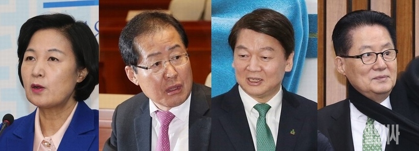 (사진 왼쪽부터)추미애 더불어민주당·홍준표 자유한국당·안철수 국민의당 대표, 박지원 민주평화당 의원